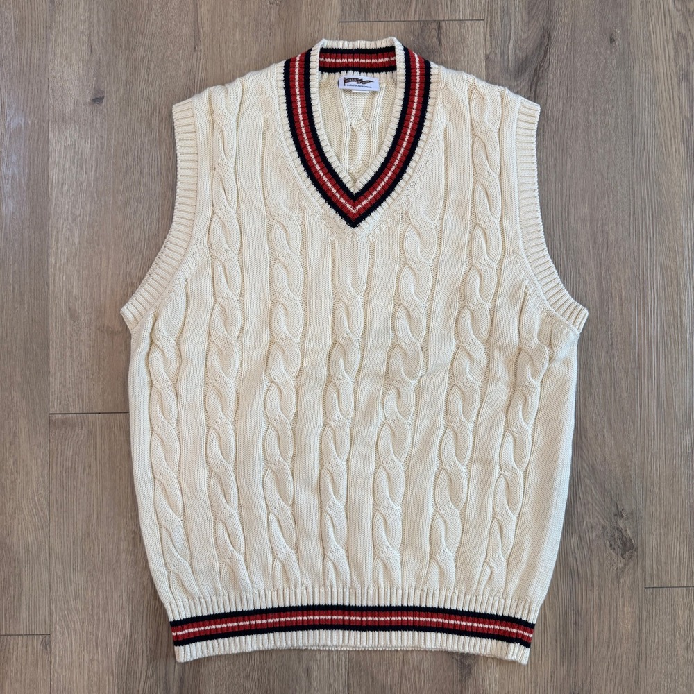 Morris & King Mens XL Pima Cotton Cable Knit Sweater Vest Ivory Varsity Stripe